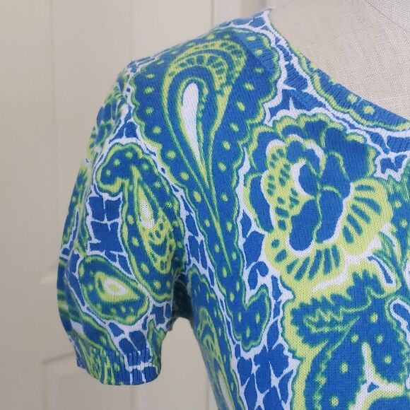 ANN TAYLOR Crew Neck Cardigan Sweater Short Sleeve Blue Green Yellow Pai… - Picture 5 of 12